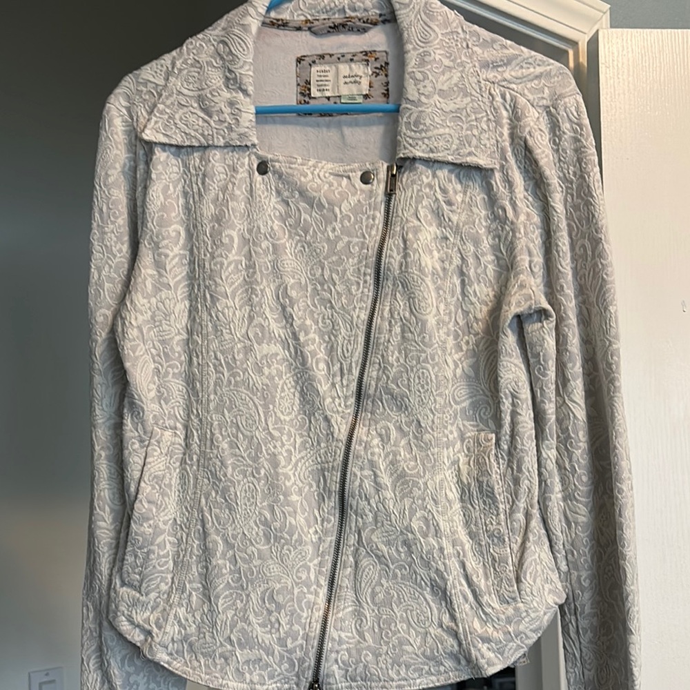 Anthropologie White and Gray Lace Bomber Jacket